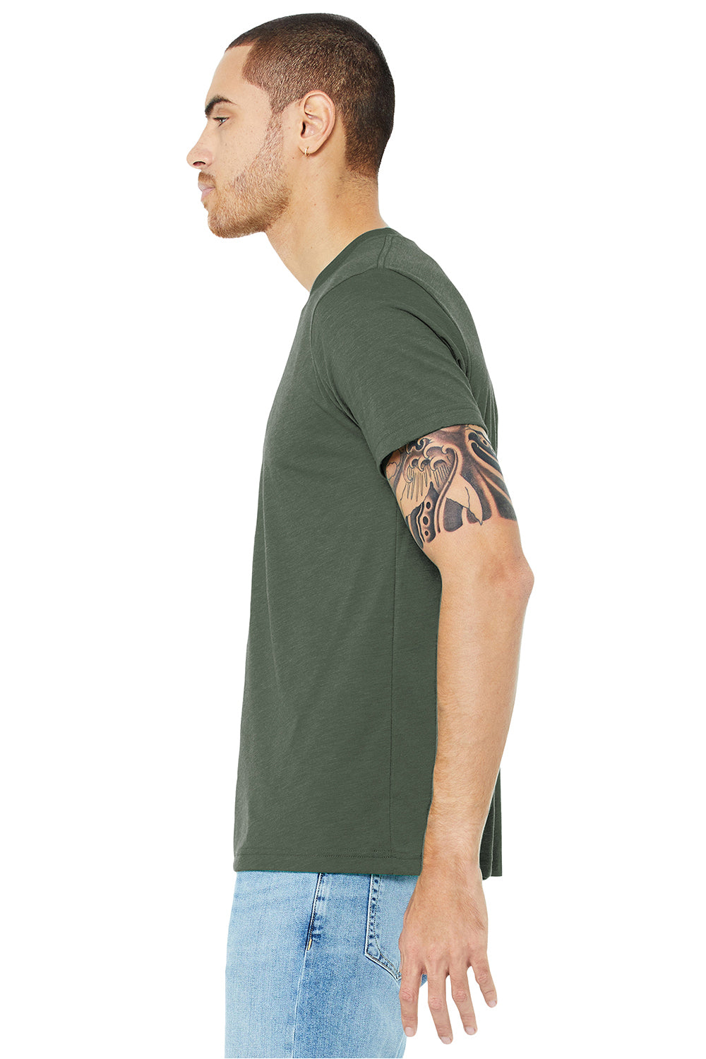 Bella + Canvas BC3413/3413C/3413 Mens Short Sleeve Crewneck T-Shirt Military Green Model Side