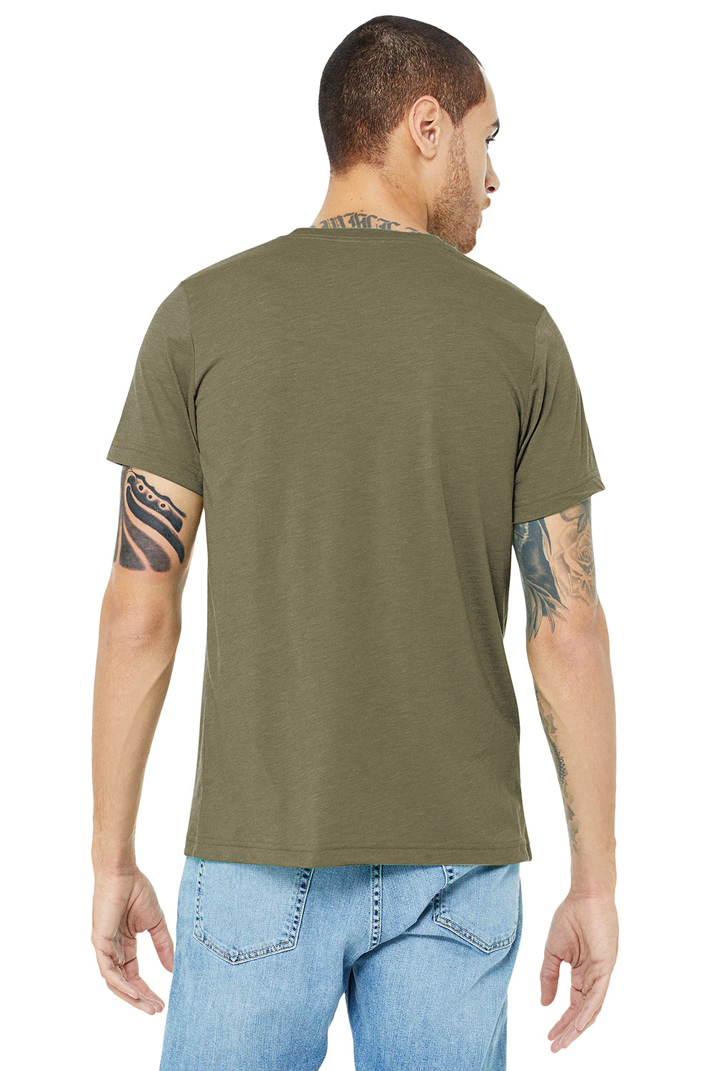 Bella + Canvas BC3413/3413C/3413 Mens Short Sleeve Crewneck T-Shirt Olive Green Model Back