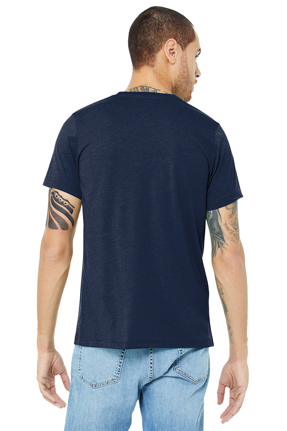 Bella + Canvas BC3413/3413C/3413 Mens Short Sleeve Crewneck T-Shirt Solid Navy Blue Model Back