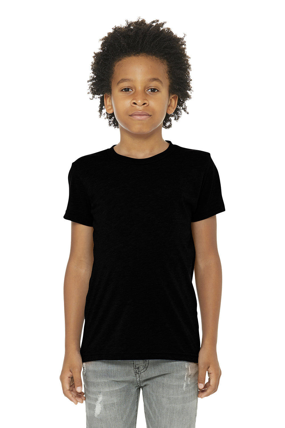 Bella + Canvas 3413Y Youth Short Sleeve Crewneck T-Shirt Solid Black Model Front
