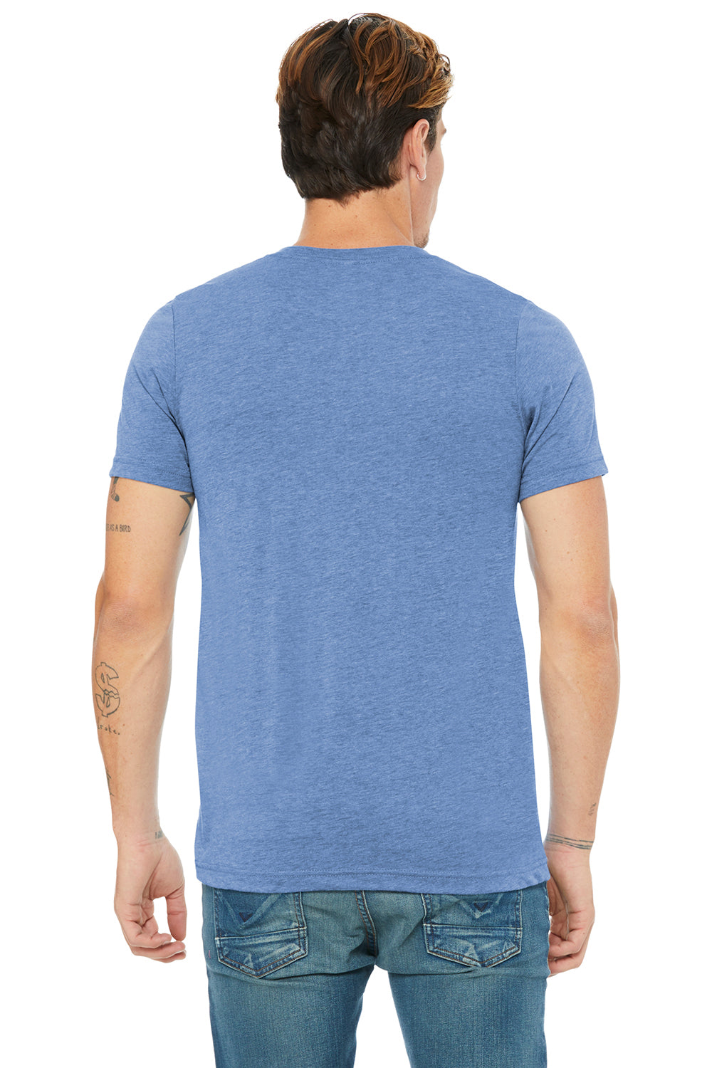 Bella + Canvas BC3415/3415C/3415 Mens Short Sleeve V-Neck T-Shirt Blue Model Back