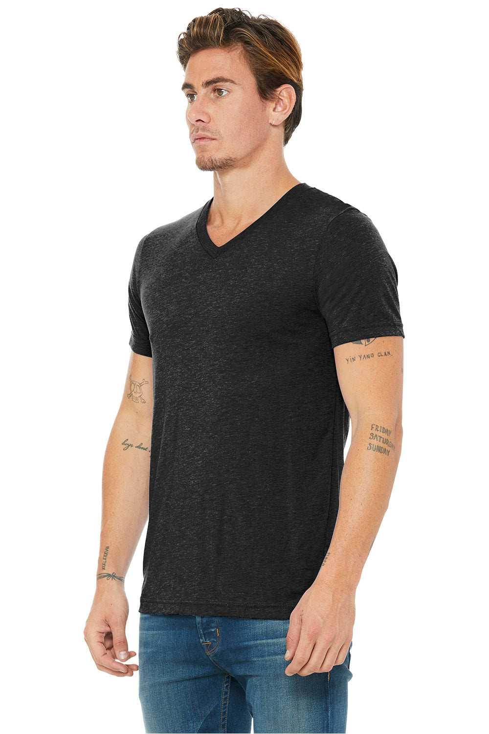 Bella + Canvas BC3415/3415C/3415 Mens Short Sleeve V-Neck T-Shirt Charcoal Black Model 3Q