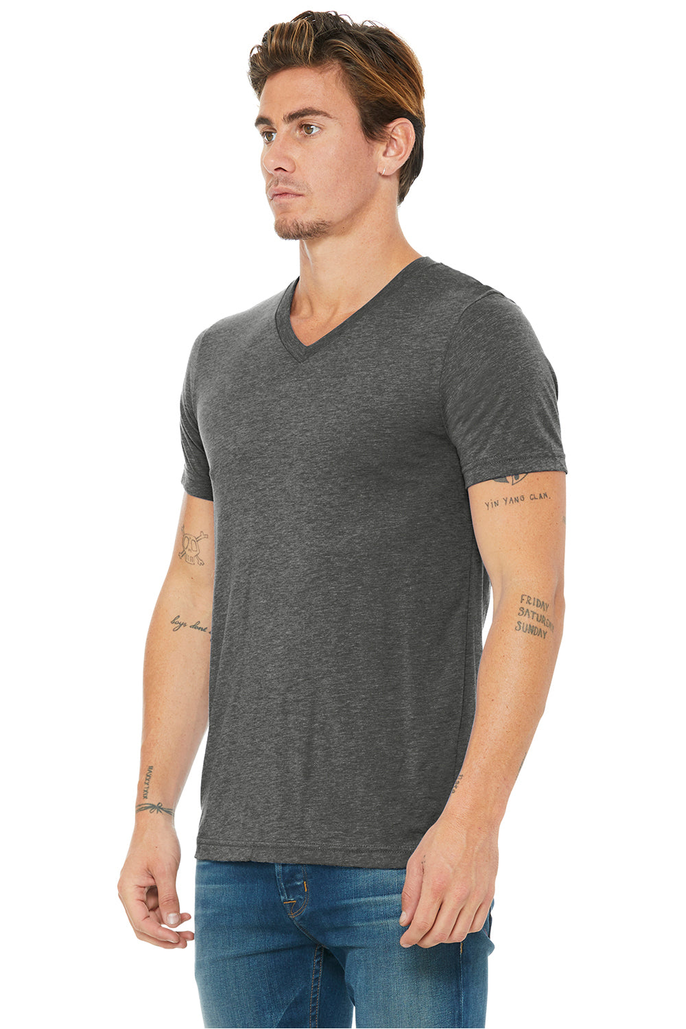 Bella + Canvas BC3415/3415C/3415 Mens Short Sleeve V-Neck T-Shirt Grey Model 3Q