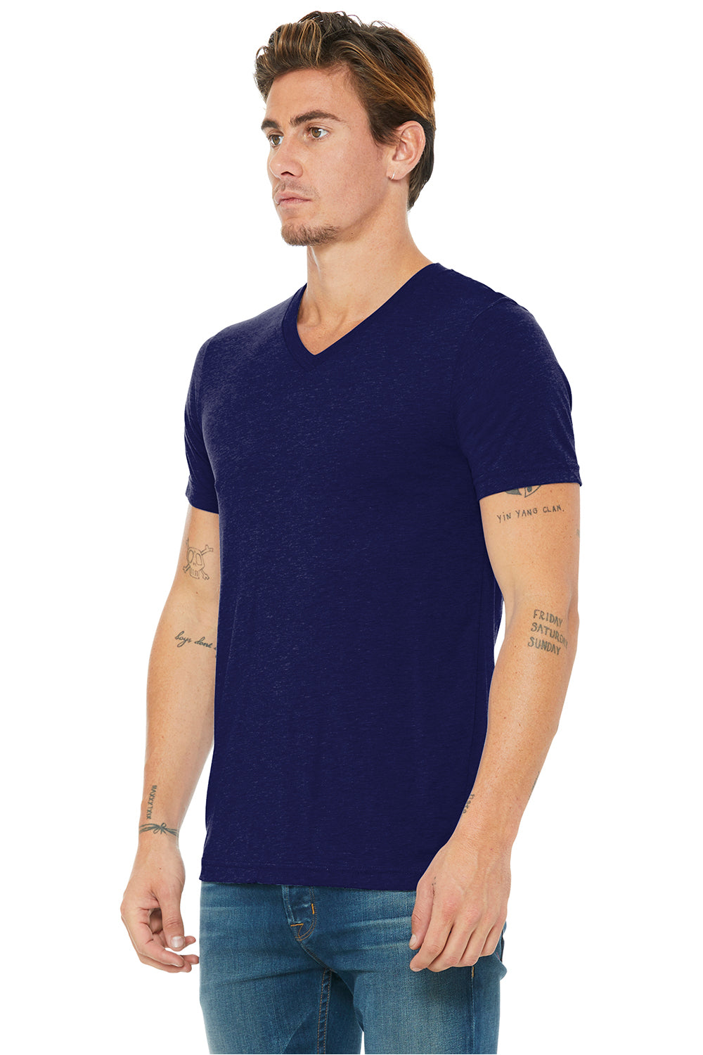 Bella + Canvas BC3415/3415C/3415 Mens Short Sleeve V-Neck T-Shirt Navy Blue Model 3Q
