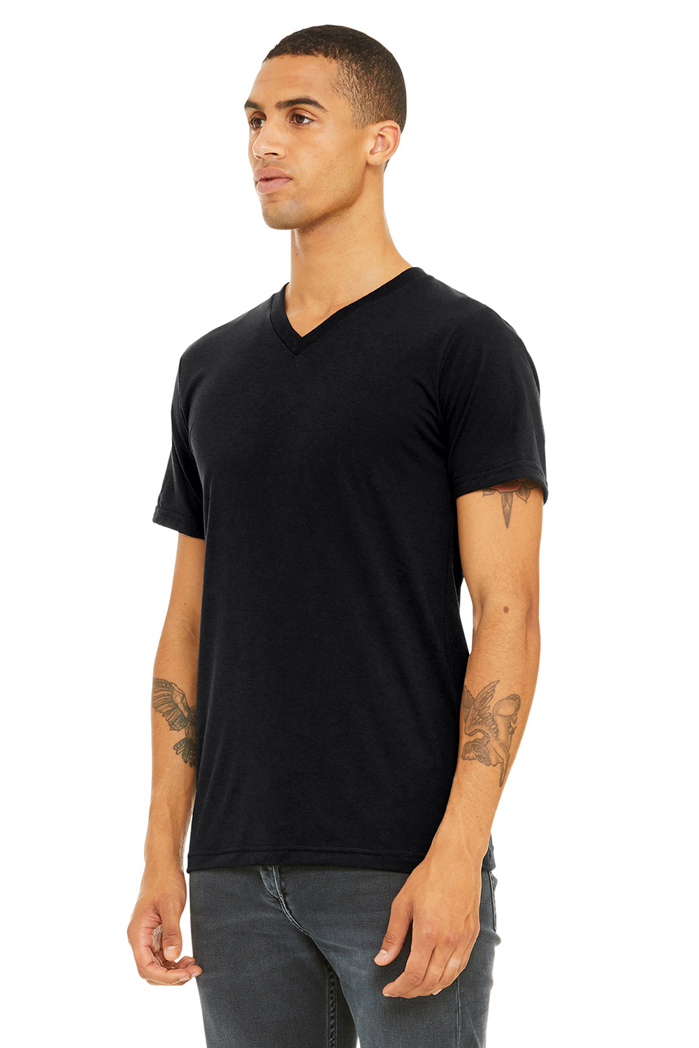Bella + Canvas BC3415/3415C/3415 Mens Short Sleeve V-Neck T-Shirt Solid Black Model 3Q