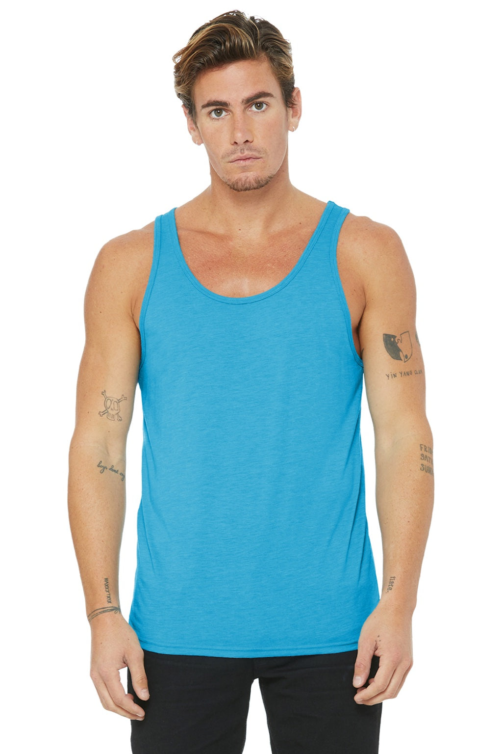Bella + Canvas 3484 Mens Jersey Tank Top Aqua Blue Model Front