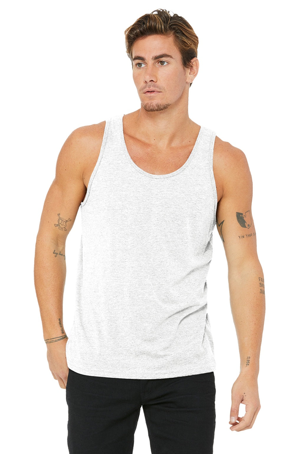 Bella + Canvas 3484 Mens Jersey Tank Top White Fleck Model Front