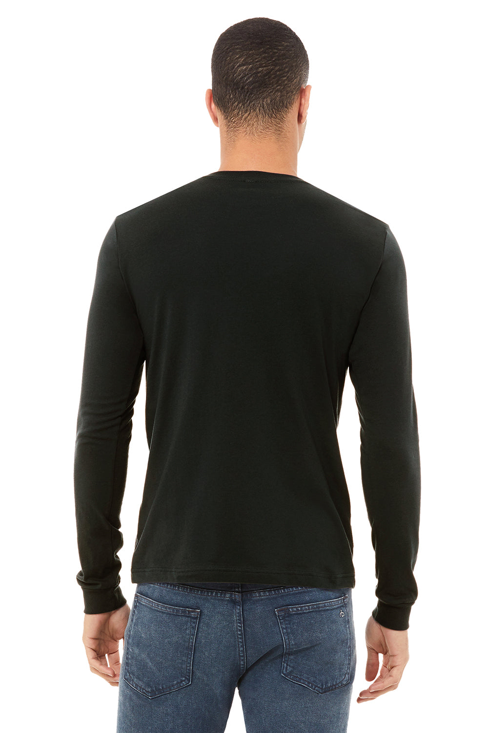 Bella + Canvas BC3501/3501 Mens Jersey Long Sleeve Crewneck T-Shirt Black Model Back