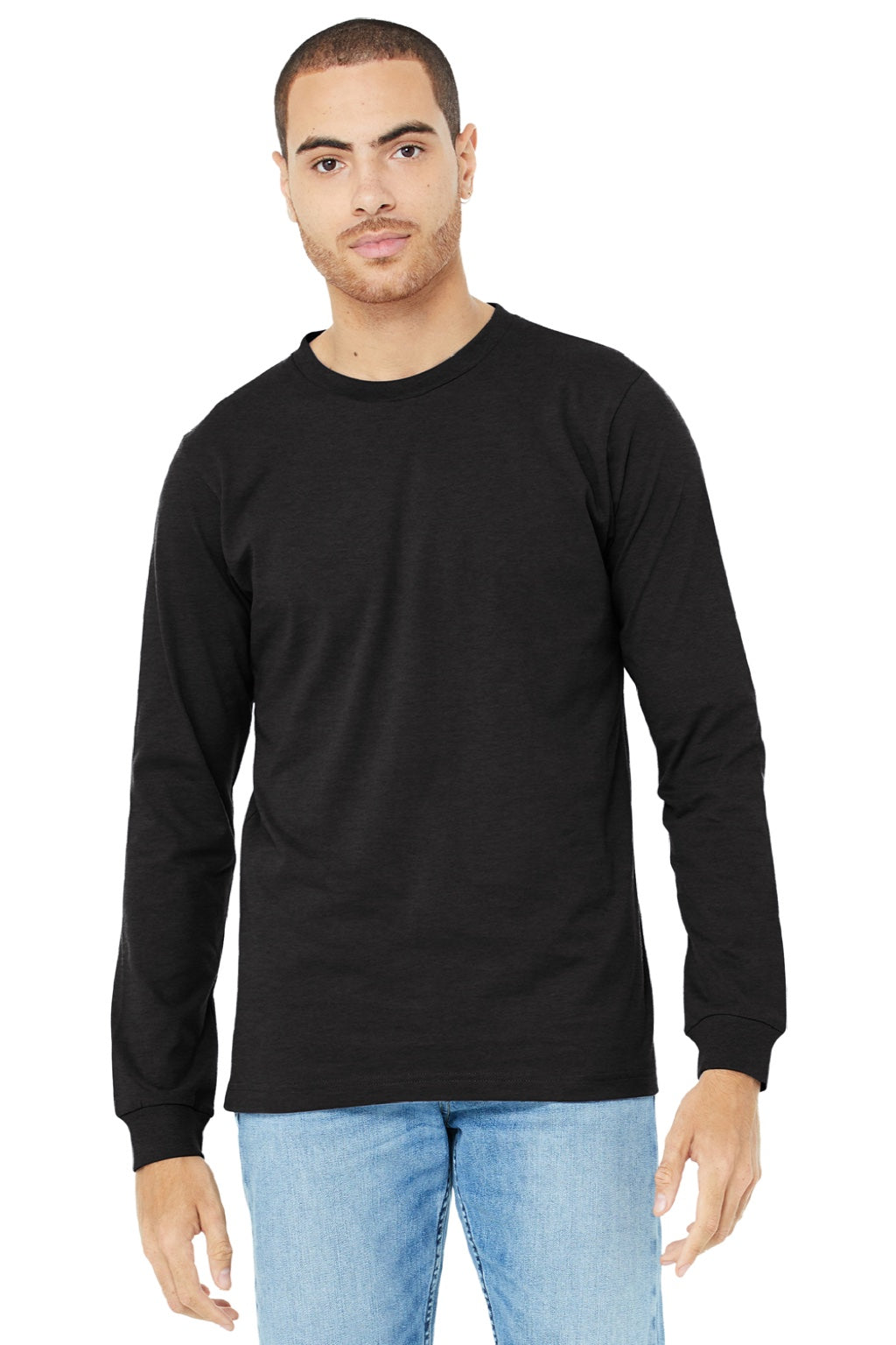 Bella + Canvas BC3501CVC/3501CVC Mens CVC Long Sleeve Crewneck T-Shirt Heather Black Model Front