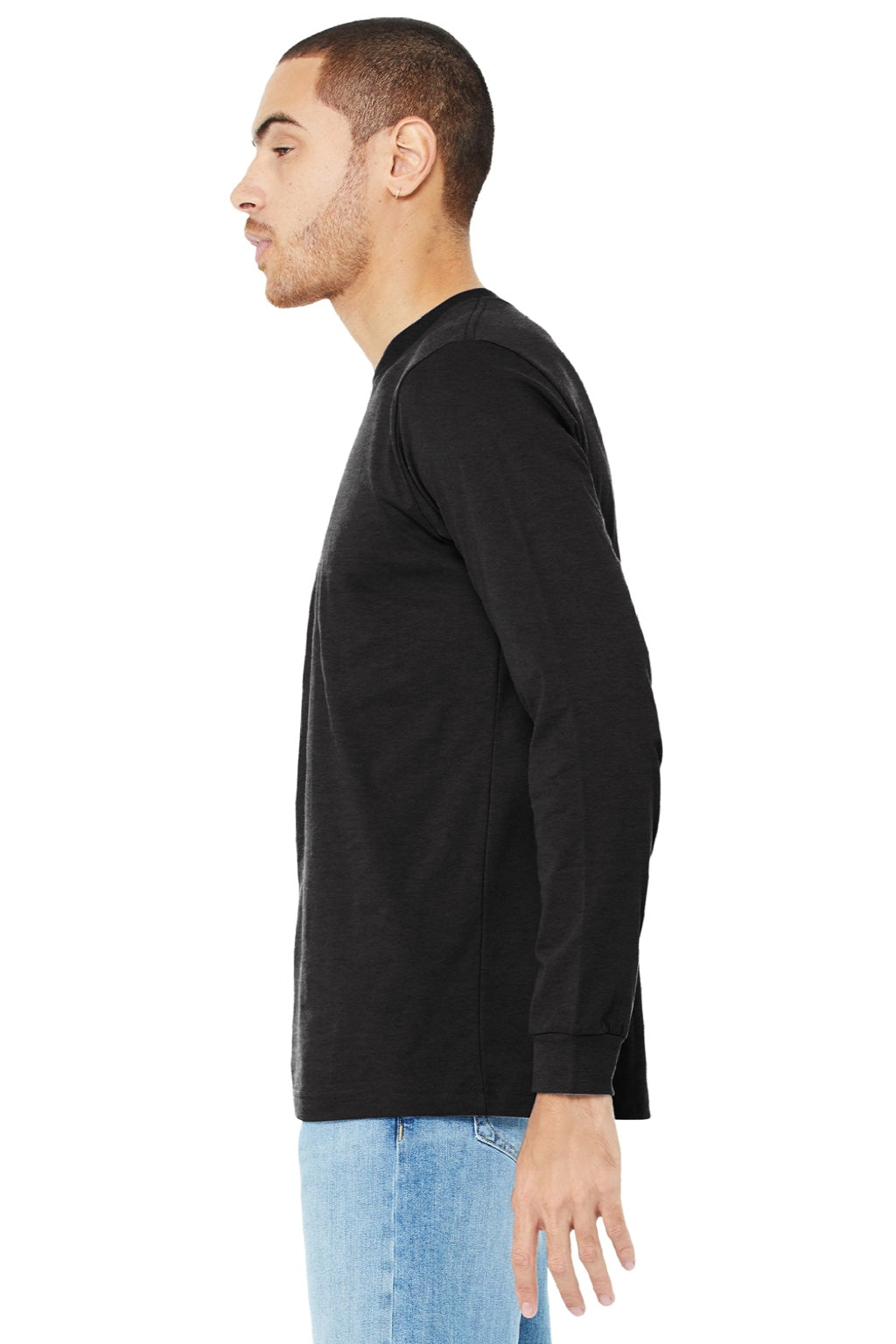Bella + Canvas BC3501CVC/3501CVC Mens CVC Long Sleeve Crewneck T-Shirt Heather Black Model Side