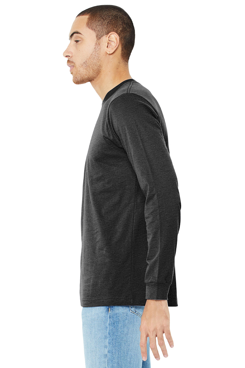 Bella + Canvas BC3501/3501 Mens Jersey Long Sleeve Crewneck T-Shirt Charcoal Black Triblend Model Side