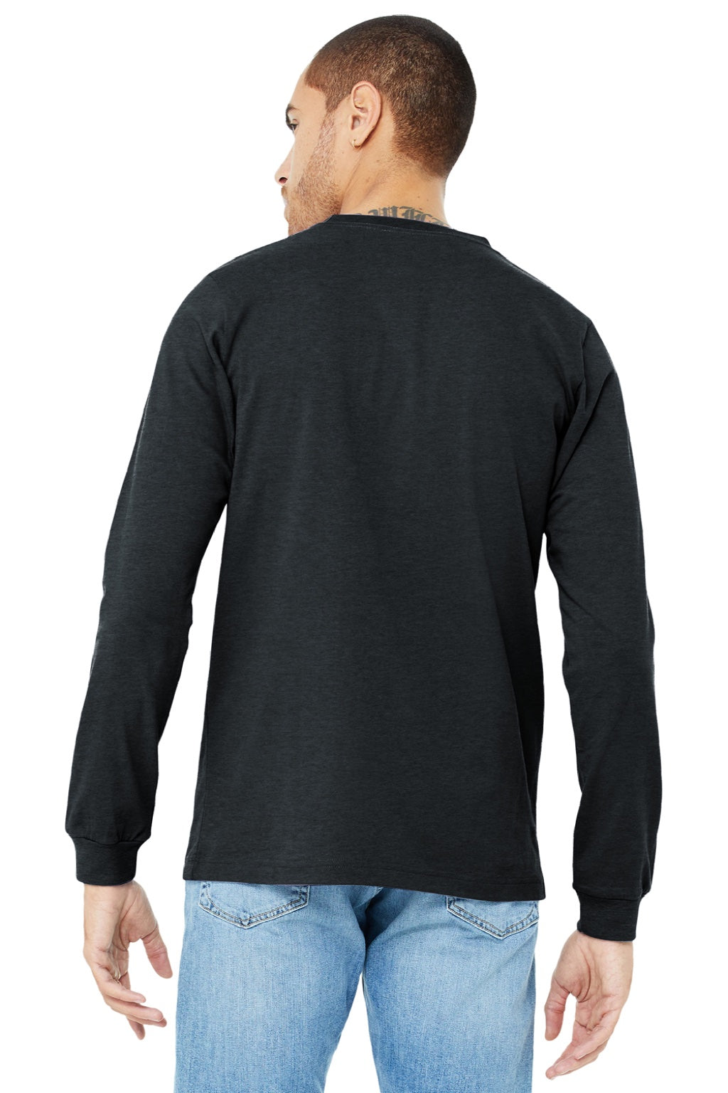 Bella + Canvas BC3501CVC/3501CVC Mens CVC Long Sleeve Crewneck T-Shirt Heather Dark Grey Model Back