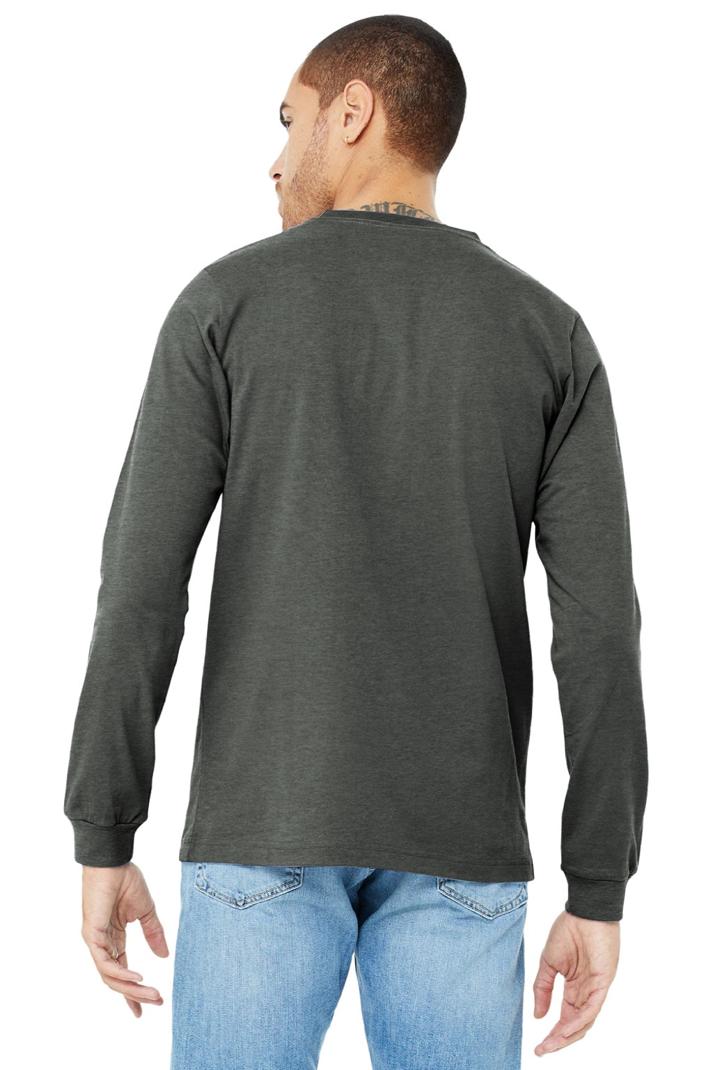 Bella + Canvas BC3501CVC/3501CVC Mens CVC Long Sleeve Crewneck T-Shirt Heather Deep Grey Model Back