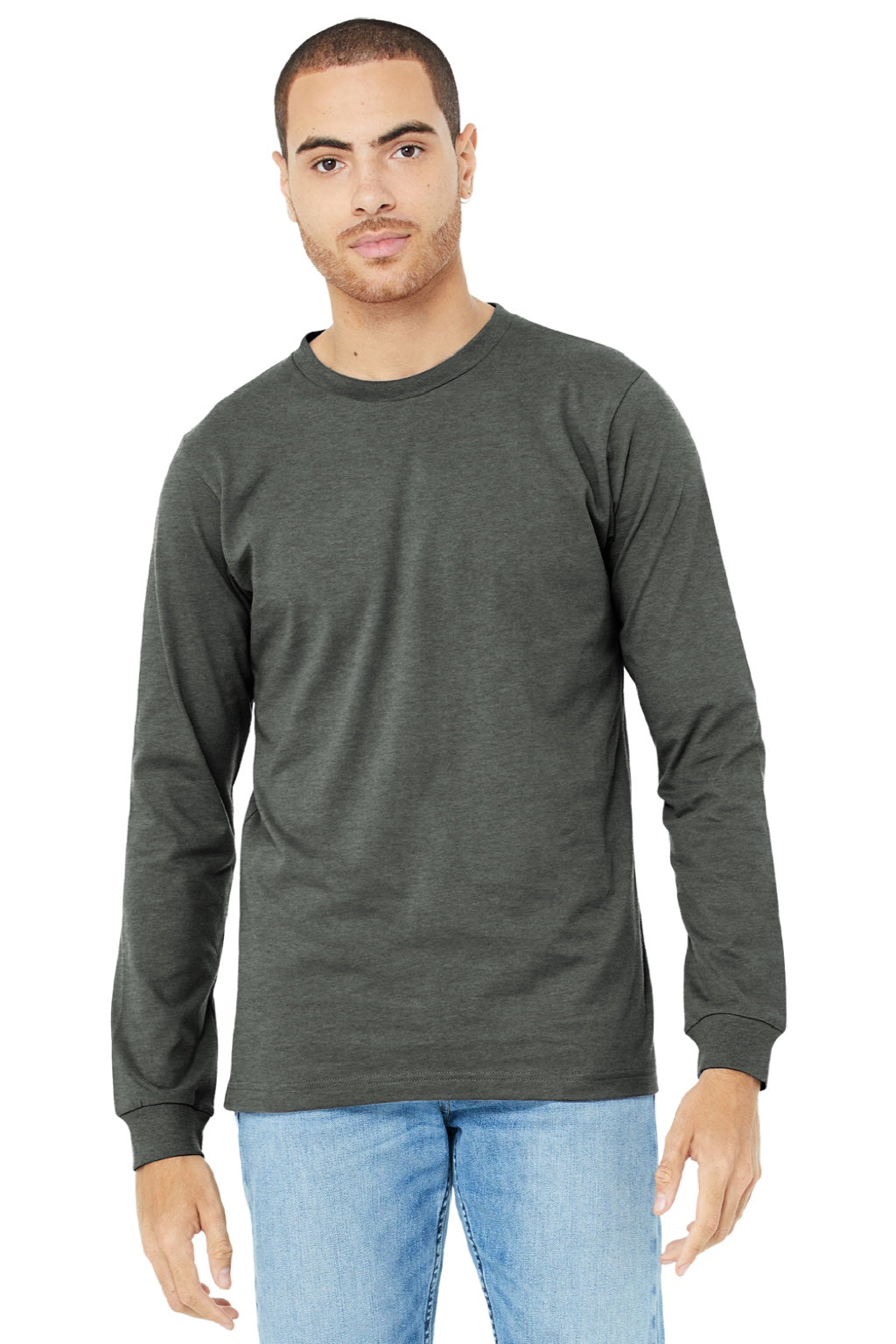 Bella + Canvas BC3501CVC/3501CVC Mens CVC Long Sleeve Crewneck T-Shirt Heather Deep Grey Model Front