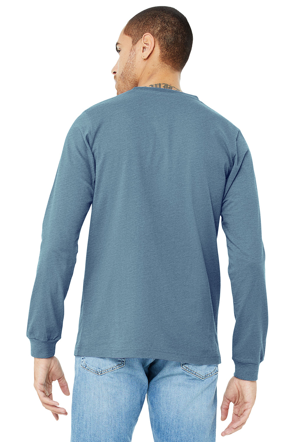Bella + Canvas BC3501/3501 Mens Jersey Long Sleeve Crewneck T-Shirt Denim Blue Triblend Model Back