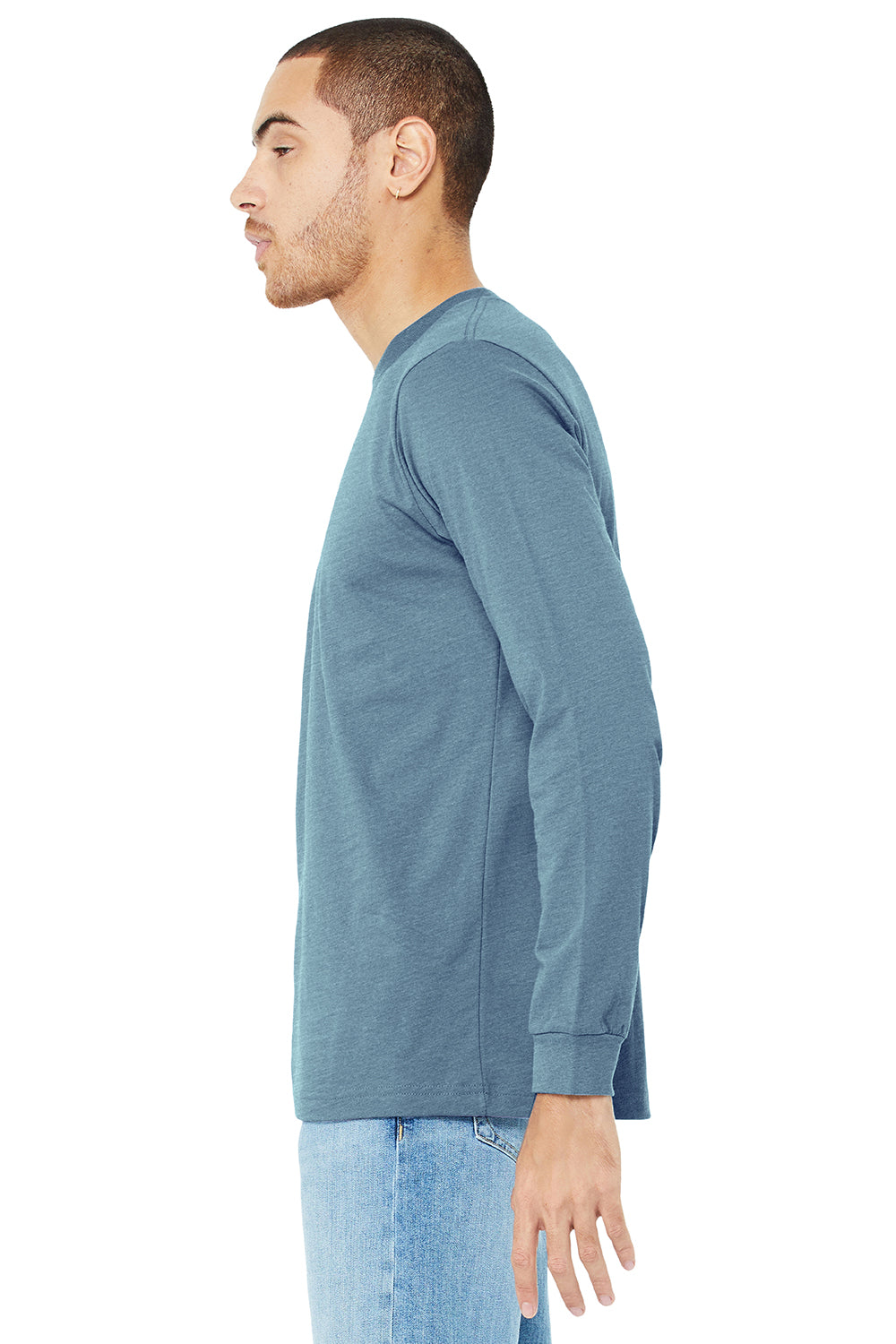 Bella + Canvas BC3501/3501 Mens Jersey Long Sleeve Crewneck T-Shirt Denim Blue Triblend Model Side