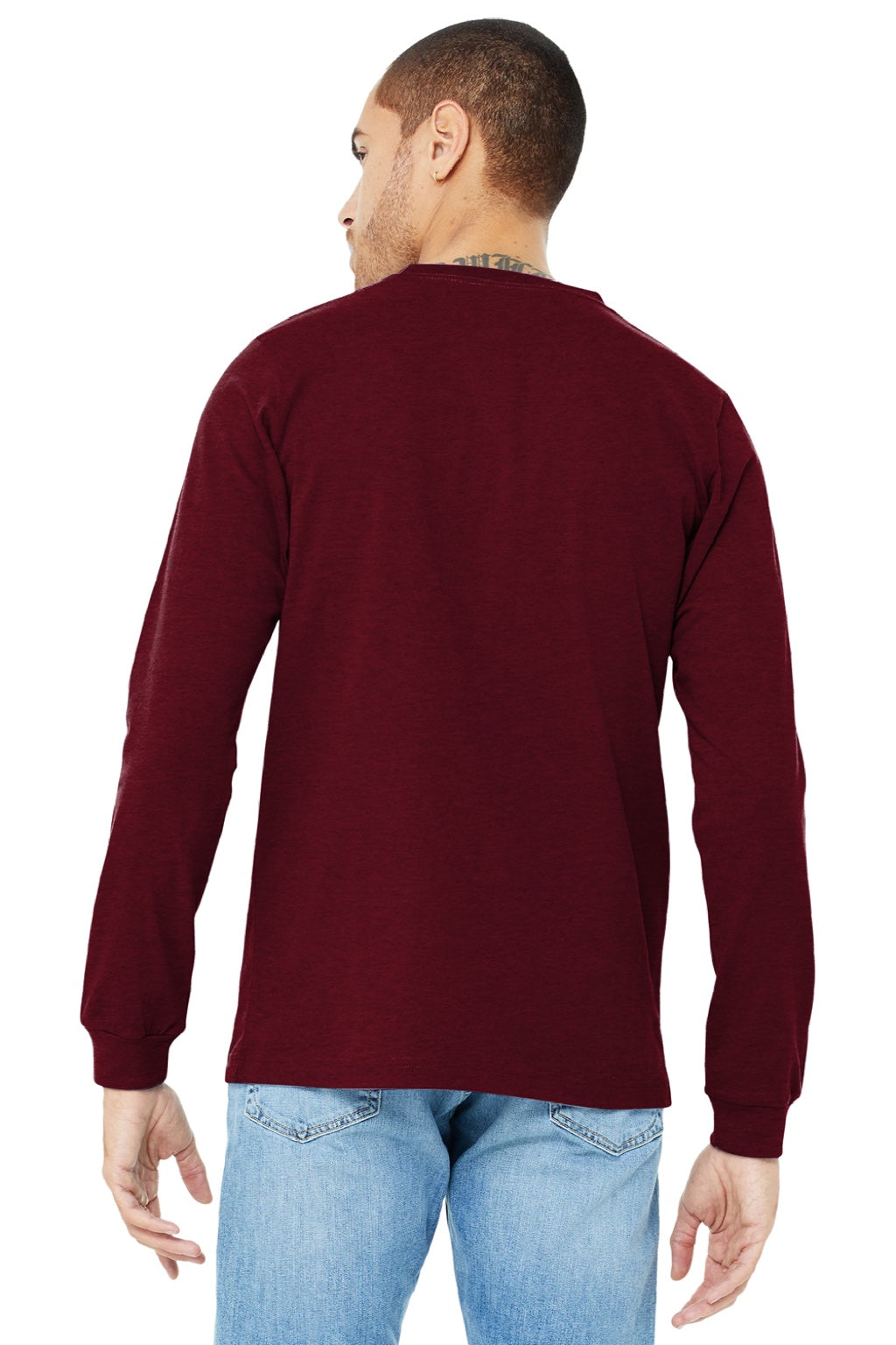 Bella + Canvas BC3501CVC/3501CVC Mens CVC Long Sleeve Crewneck T-Shirt Heather Cardinal Red Model Back