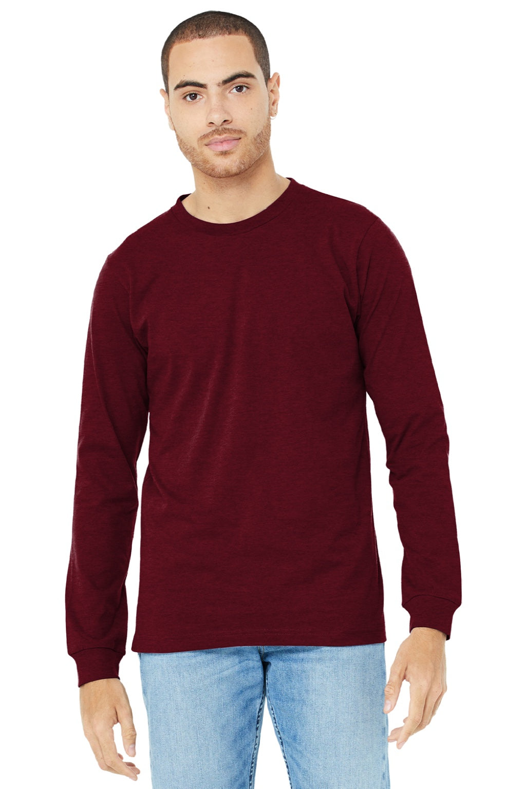 Bella + Canvas BC3501CVC/3501CVC Mens CVC Long Sleeve Crewneck T-Shirt Heather Cardinal Red Model Front