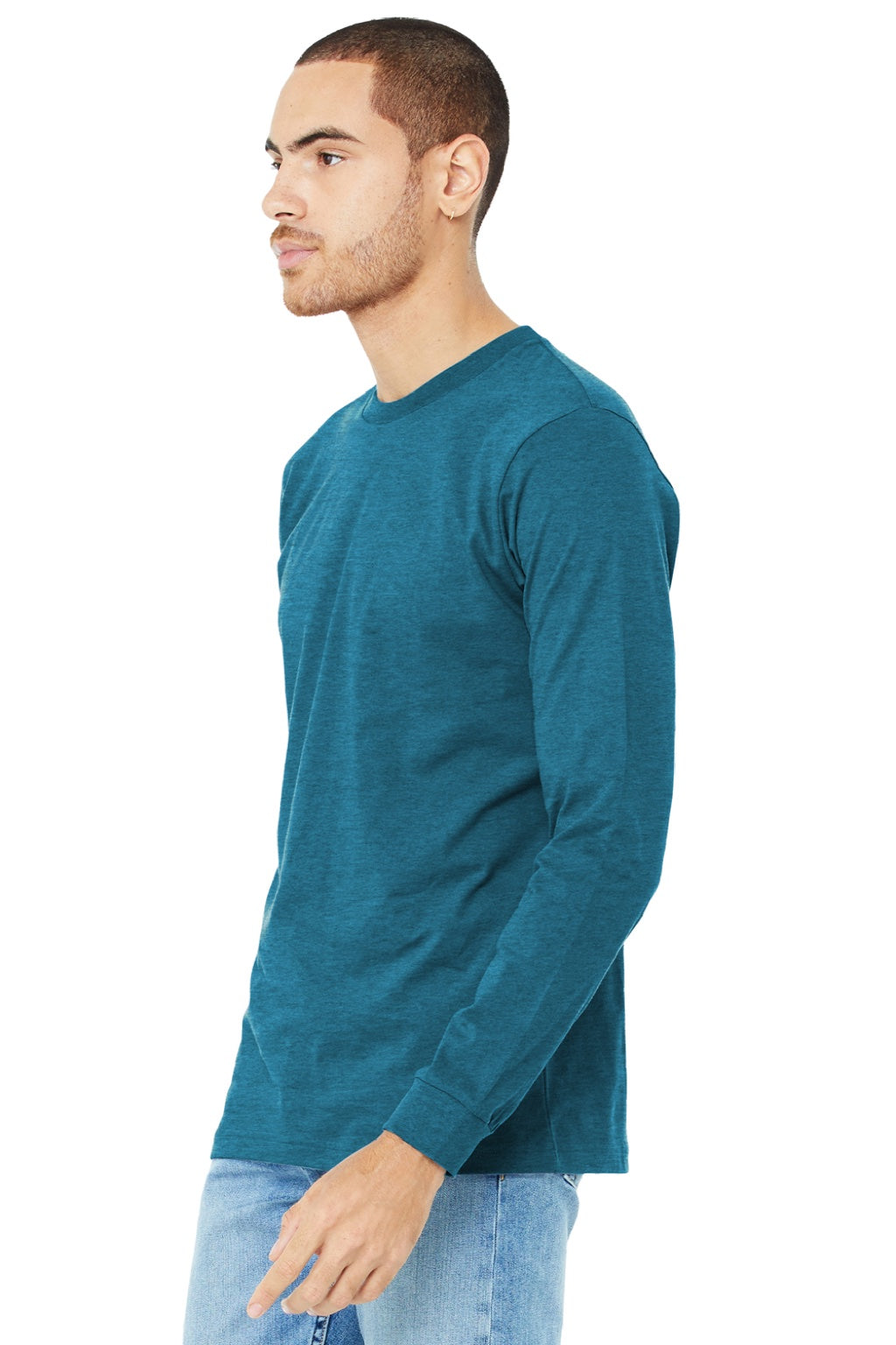 Bella + Canvas BC3501CVC/3501CVC Mens CVC Long Sleeve Crewneck T-Shirt Heather Deep Teal Blue Model 3Q