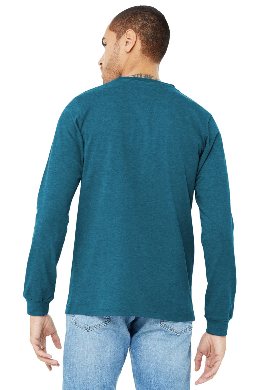 Bella + Canvas BC3501CVC/3501CVC Mens CVC Long Sleeve Crewneck T-Shirt Heather Deep Teal Blue Model Back