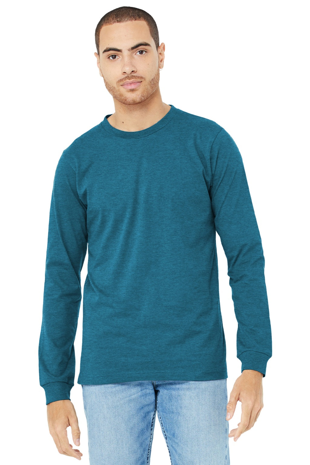 Bella + Canvas BC3501CVC/3501CVC Mens CVC Long Sleeve Crewneck T-Shirt Heather Deep Teal Blue Model Front