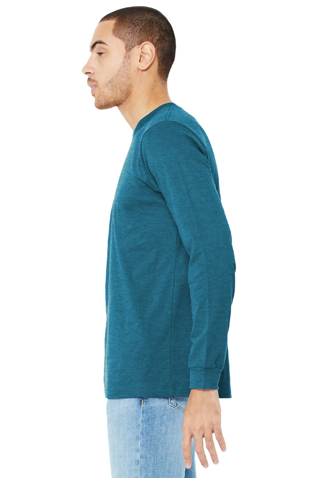 Bella + Canvas BC3501CVC/3501CVC Mens CVC Long Sleeve Crewneck T-Shirt Heather Deep Teal Blue Model Side