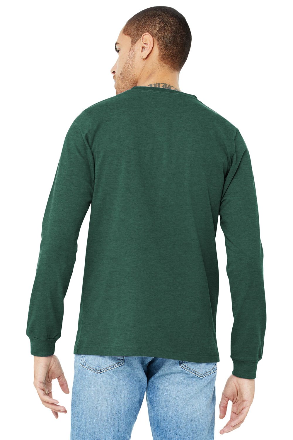 Bella + Canvas BC3501CVC Mens CVC Long Sleeve Crewneck T-Shirt Heather Forest Green Model Back