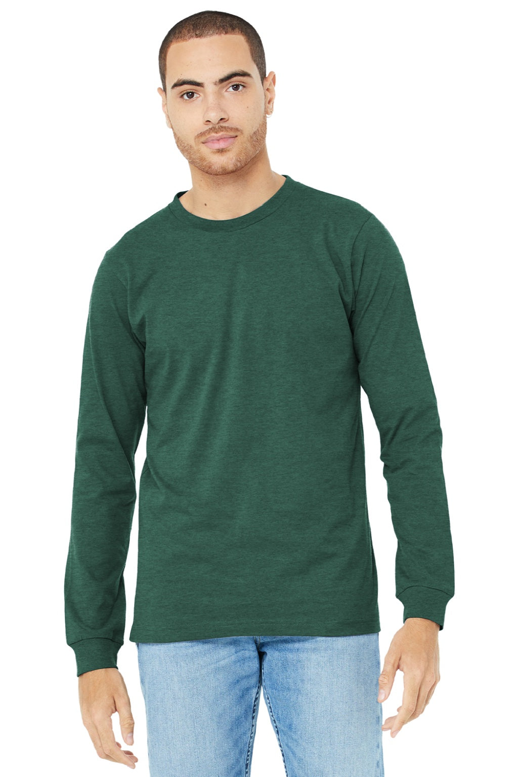 Bella + Canvas BC3501CVC/3501CVC Mens CVC Long Sleeve Crewneck T-Shirt Heather Forest Green Model Front