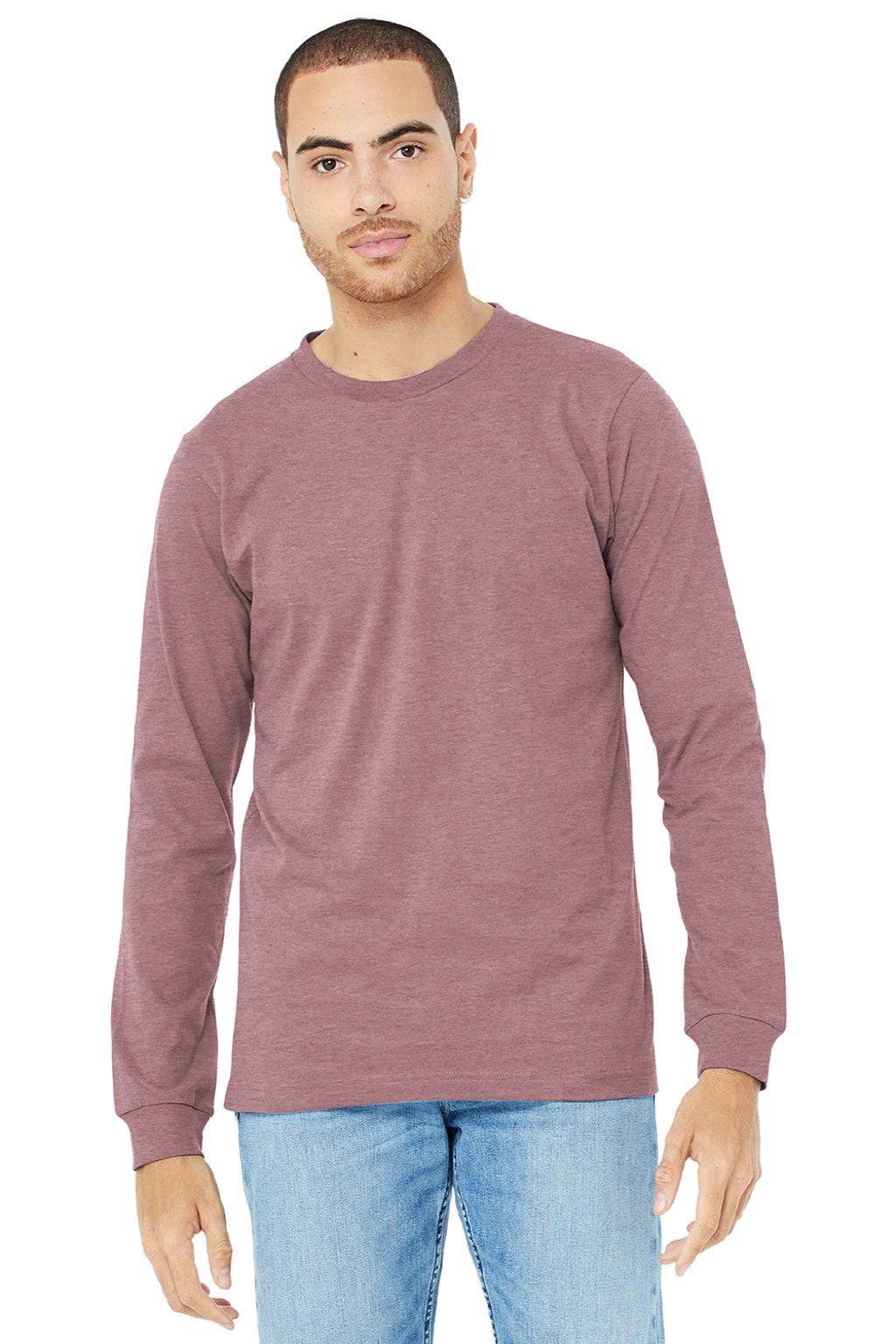 Bella + Canvas BC3501CVC/3501CVC Mens CVC Long Sleeve Crewneck T-Shirt Heather Mauve Model Front