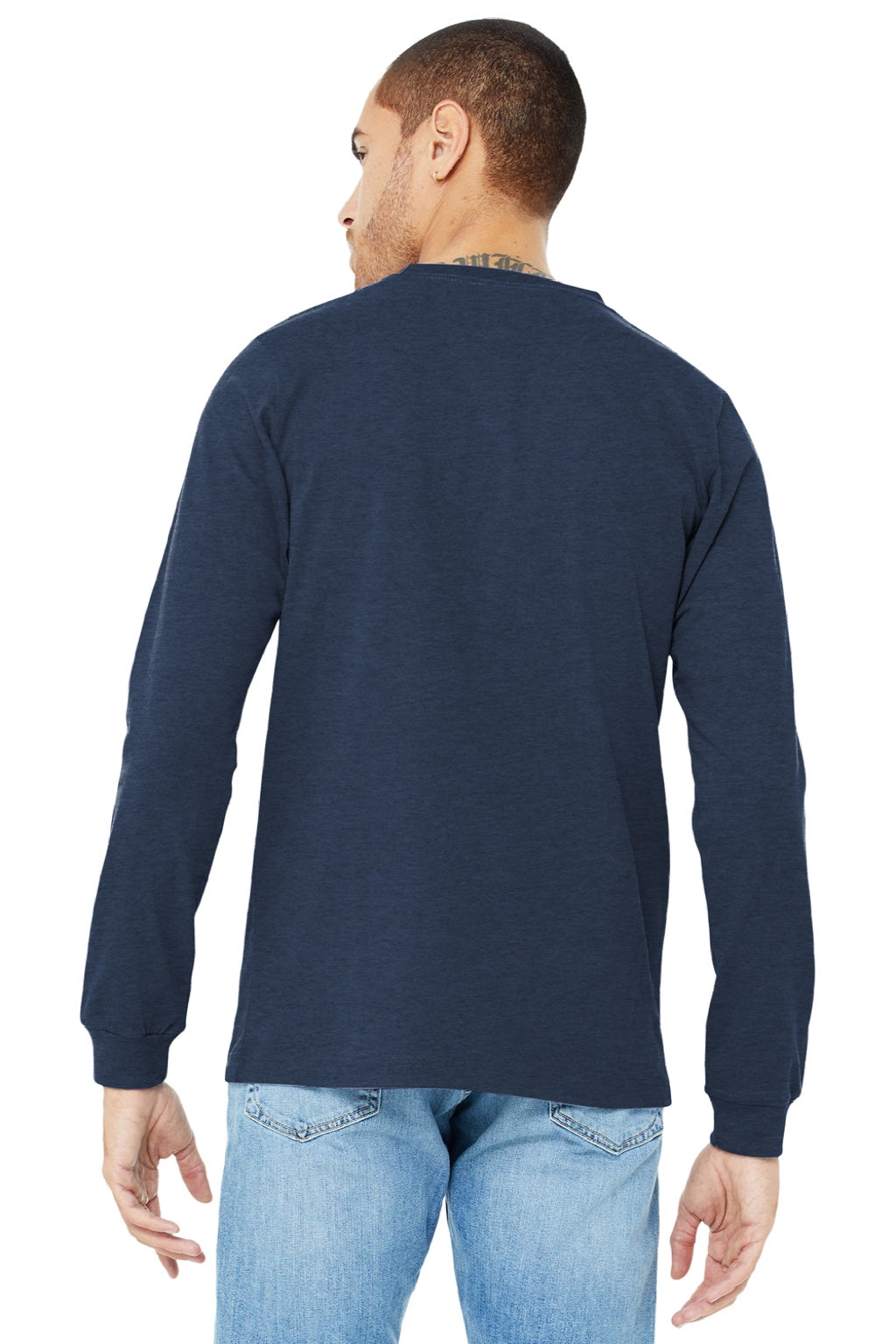 Bella + Canvas BC3501CVC/3501CVC Mens CVC Long Sleeve Crewneck T-Shirt Heather Navy Blue Model Back