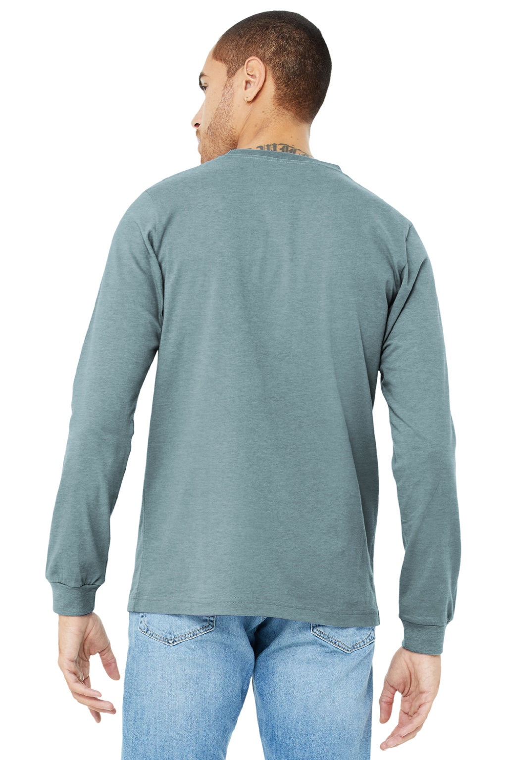 Bella + Canvas BC3501CVC/3501CVC Mens CVC Long Sleeve Crewneck T-Shirt Heather Slate Blue Model Back