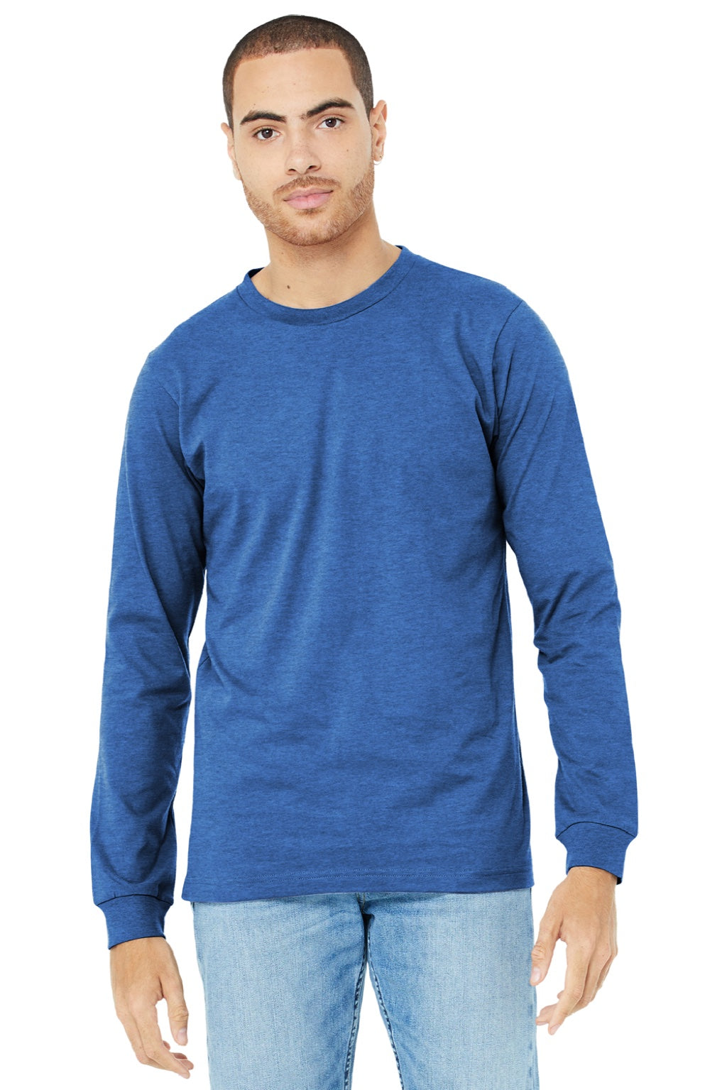 Bella + Canvas BC3501CVC/3501CVC Mens CVC Long Sleeve Crewneck T-Shirt Heather True Royal Blue Model Front
