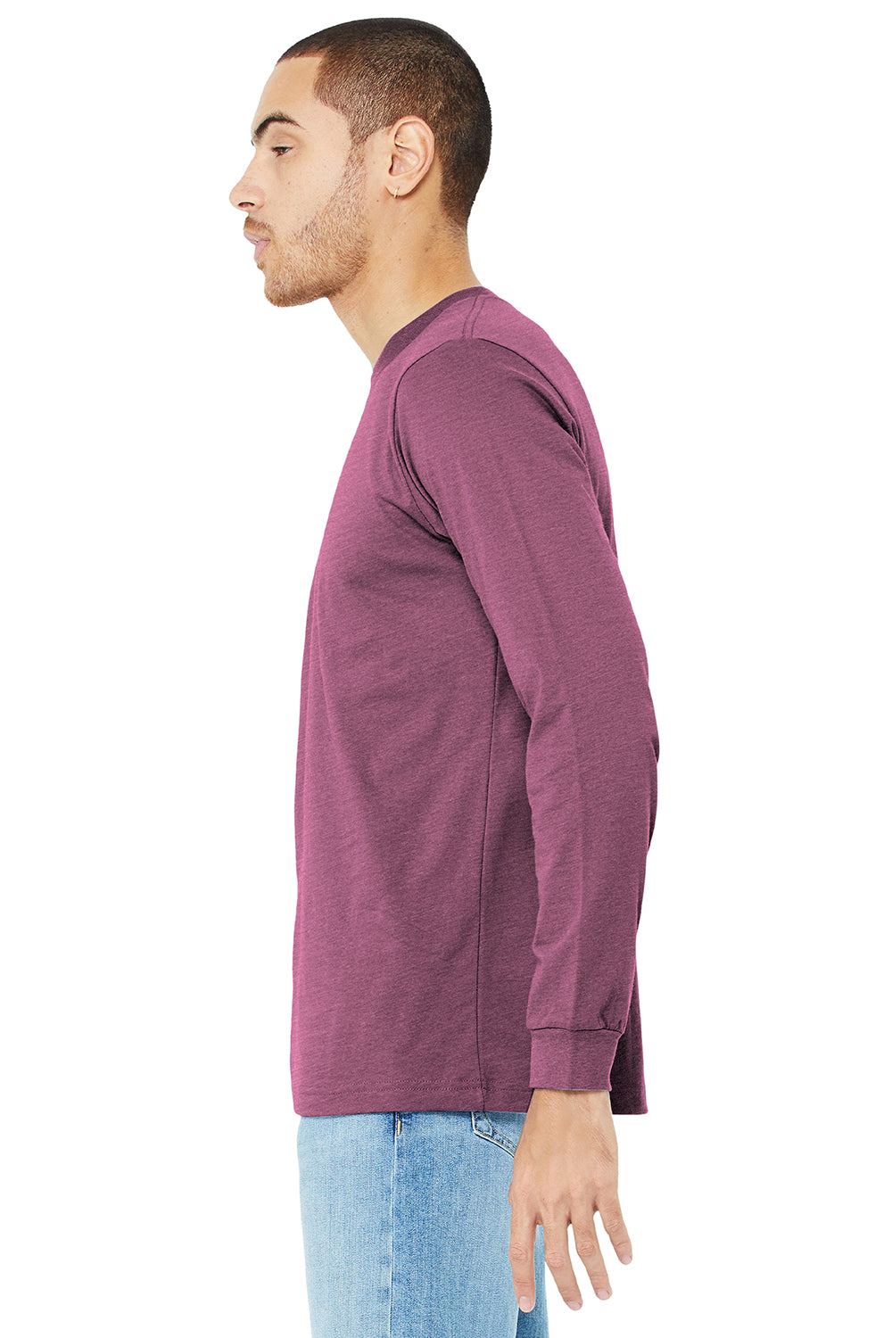 Bella + Canvas BC3501/3501 Mens Jersey Long Sleeve Crewneck T-Shirt Maroon Triblend Model Side