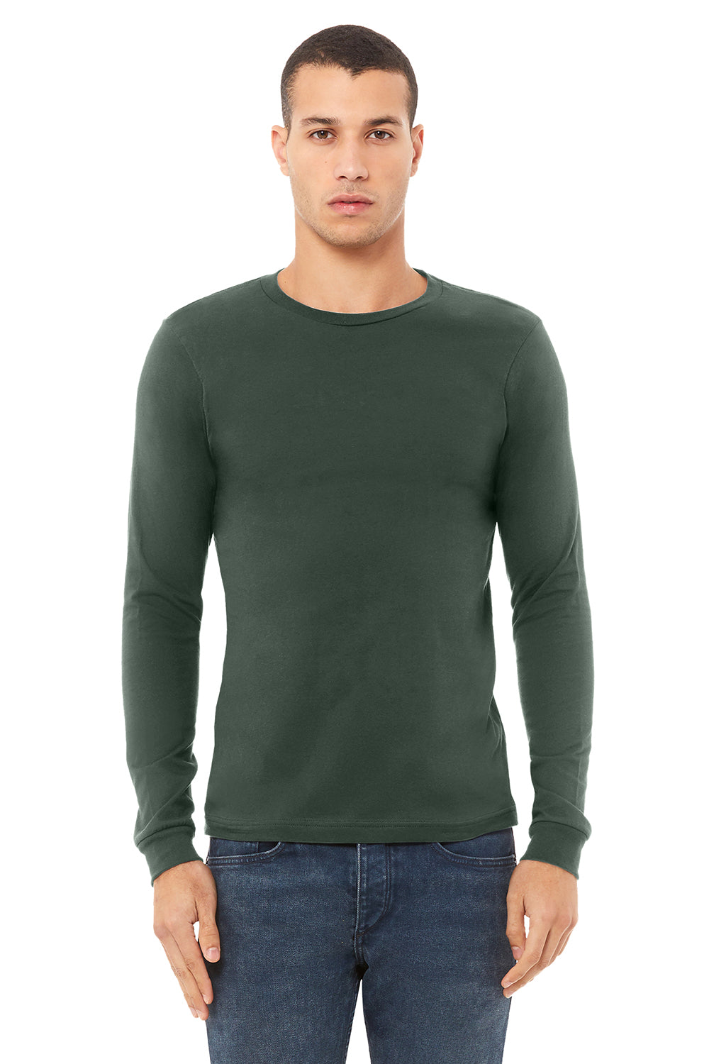 Bella + Canvas BC3501/3501 Mens Jersey Long Sleeve Crewneck T-Shirt Military Green Model Front