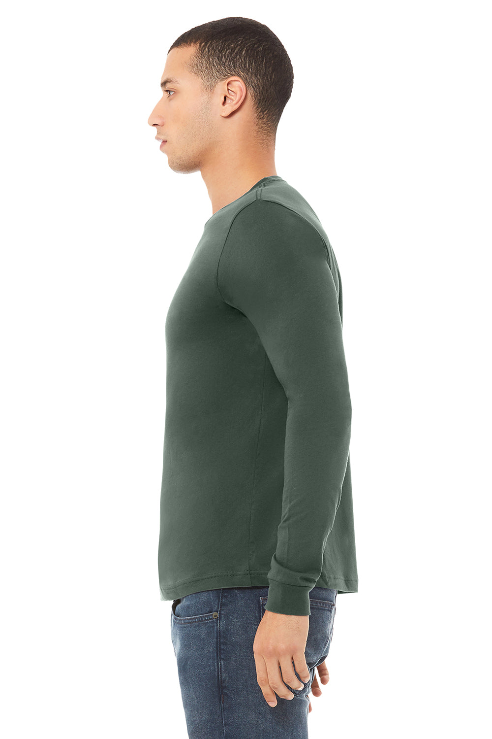Bella + Canvas BC3501/3501 Mens Jersey Long Sleeve Crewneck T-Shirt Military Green Model Side