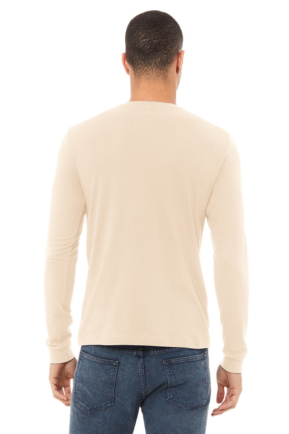 Bella + Canvas BC3501/3501 Mens Jersey Long Sleeve Crewneck T-Shirt Natural Model Back
