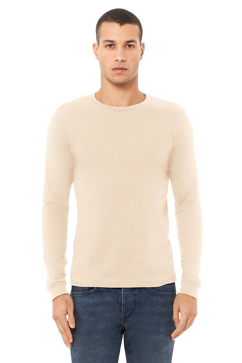 Bella + Canvas BC3501/3501 Mens Jersey Long Sleeve Crewneck T-Shirt Natural Model Front