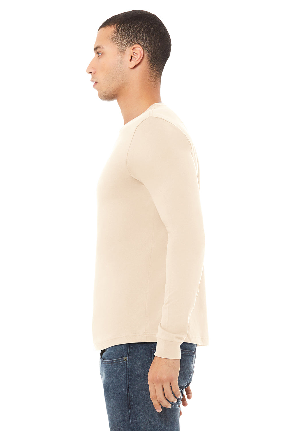 Bella + Canvas BC3501/3501 Mens Jersey Long Sleeve Crewneck T-Shirt Natural Model Side