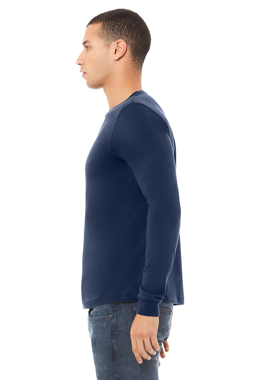 Bella + Canvas BC3501/3501 Mens Jersey Long Sleeve Crewneck T-Shirt Navy Blue Model Side
