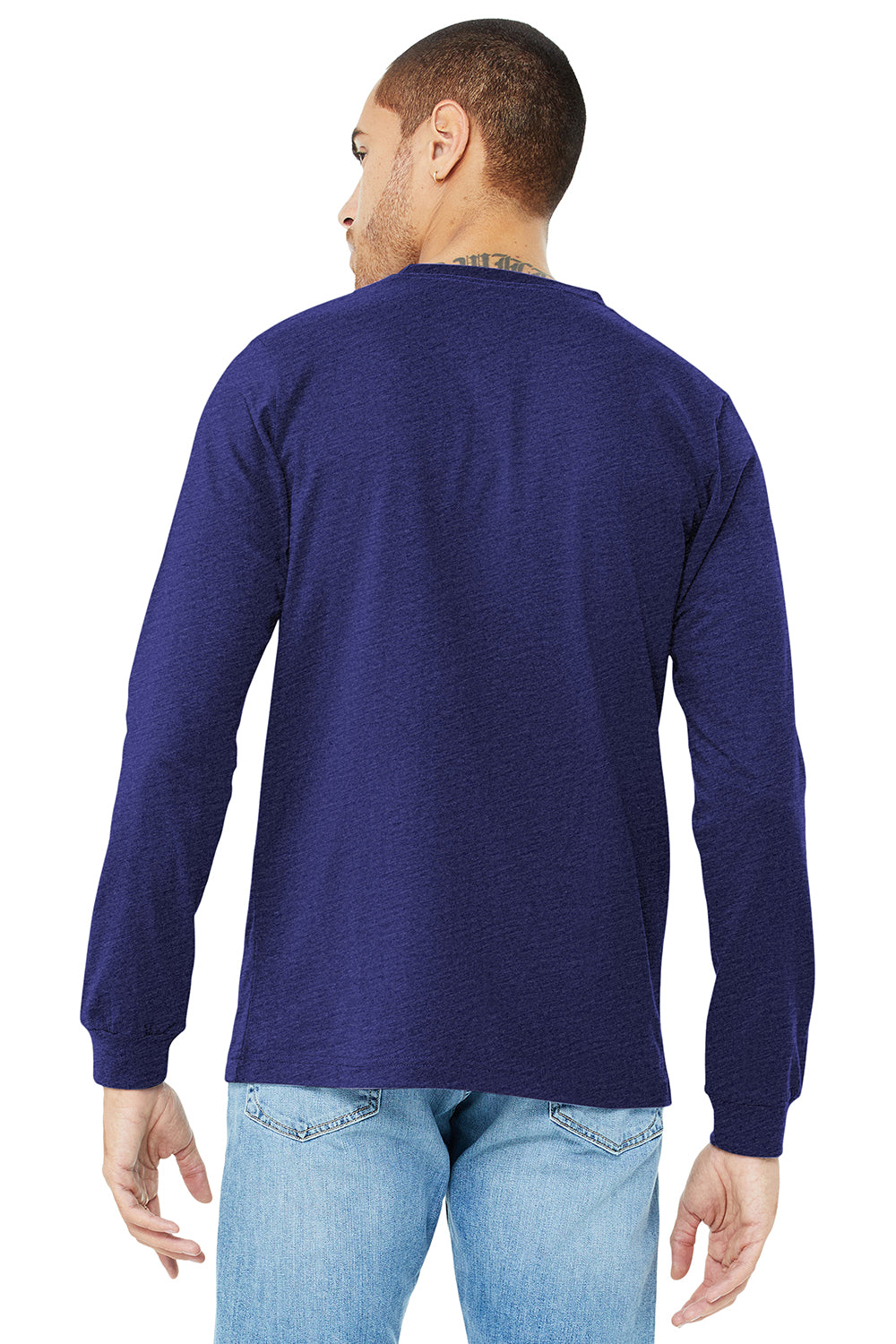 Bella + Canvas BC3501/3501 Mens Jersey Long Sleeve Crewneck T-Shirt Navy Blue Triblend Model Back