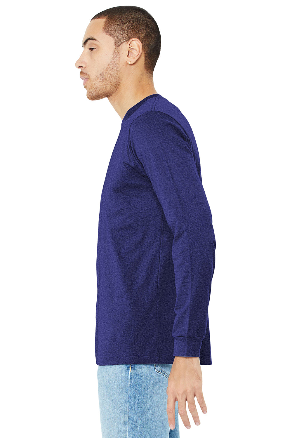 Bella + Canvas BC3501/3501 Mens Jersey Long Sleeve Crewneck T-Shirt Navy Blue Triblend Model Side