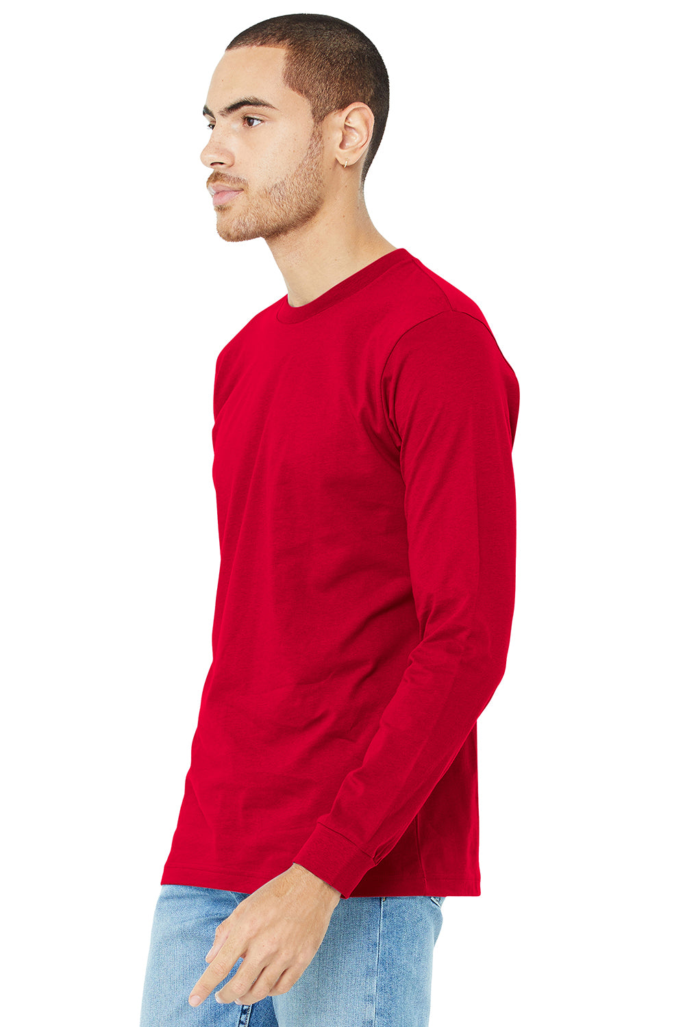 Bella + Canvas BC3501/3501 Mens Jersey Long Sleeve Crewneck T-Shirt Red Model 3Q