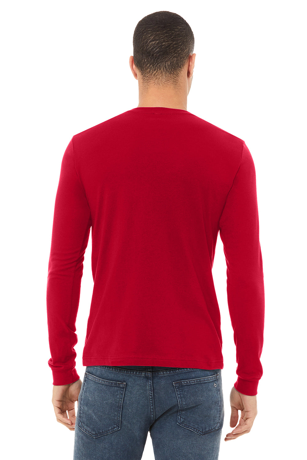 Bella + Canvas BC3501/3501 Mens Jersey Long Sleeve Crewneck T-Shirt Red Model Back