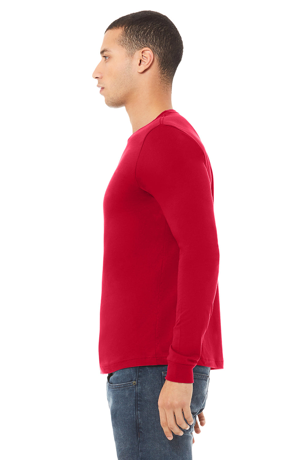 Bella + Canvas BC3501/3501 Mens Jersey Long Sleeve Crewneck T-Shirt Red Model Side