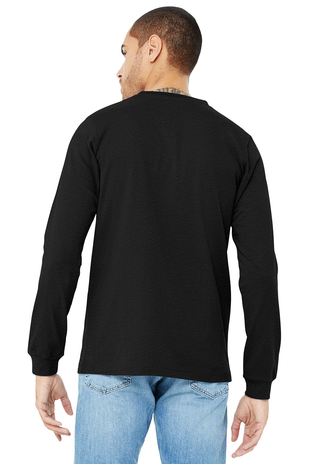 Bella + Canvas BC3501/3501 Mens Jersey Long Sleeve Crewneck T-Shirt Solid Black Triblend Model Back