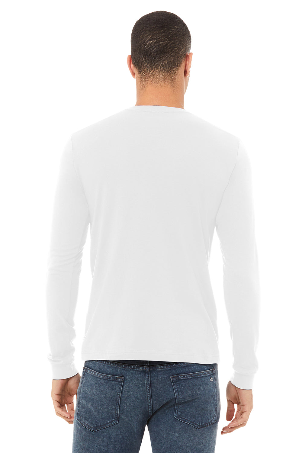 Bella + Canvas BC3501/3501 Mens Jersey Long Sleeve Crewneck T-Shirt White Model Back