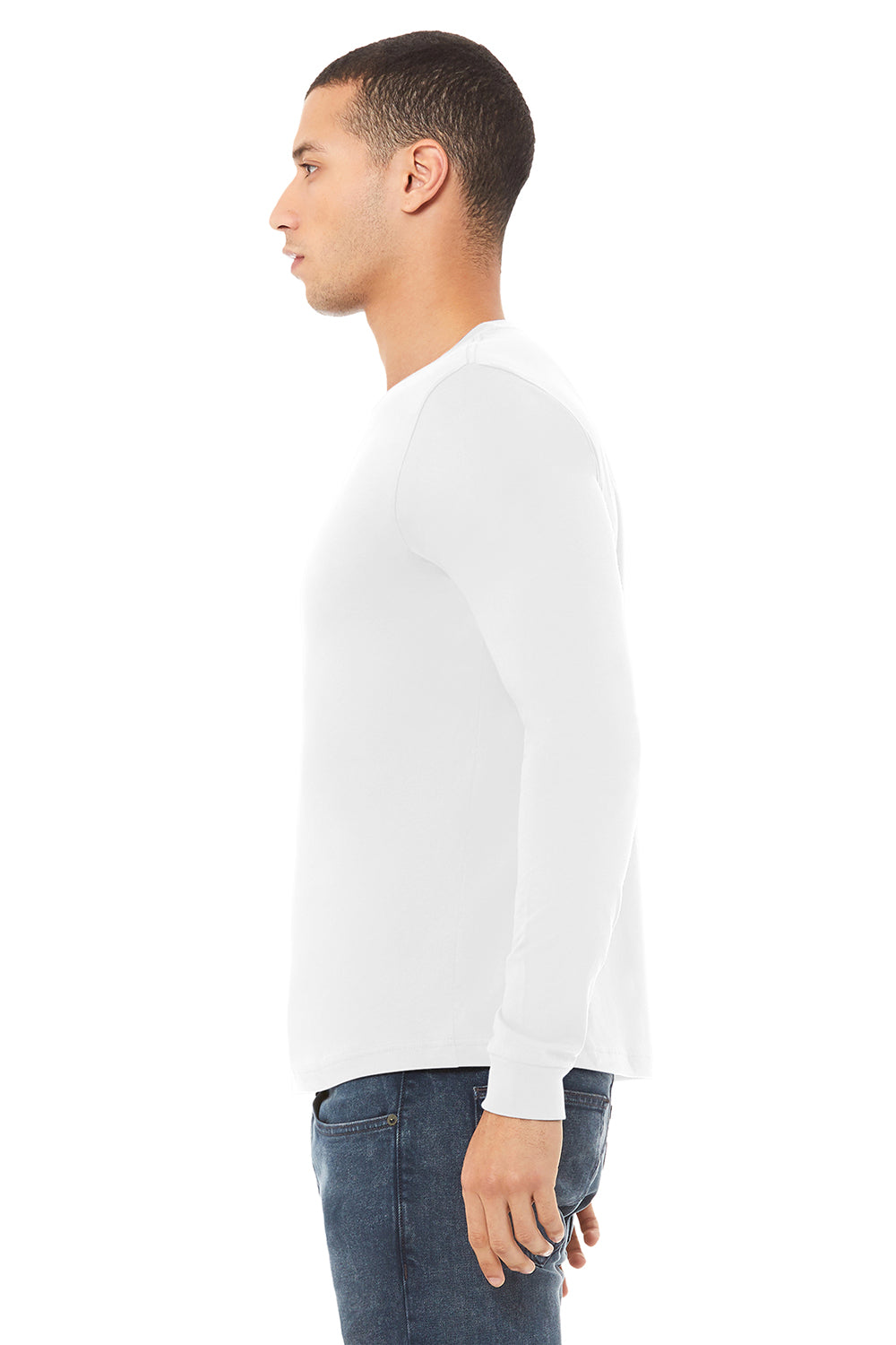 Bella + Canvas BC3501/3501 Mens Jersey Long Sleeve Crewneck T-Shirt White Model Side