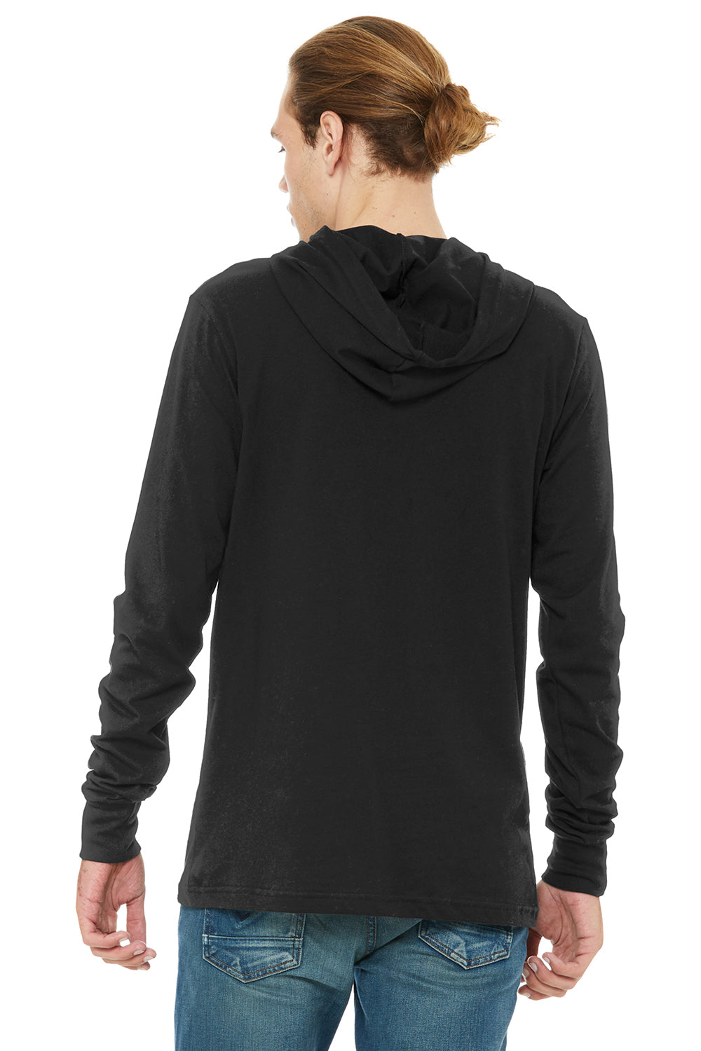 Bella + Canvas BC3512/3512 Mens Jersey Long Sleeve Hooded T-Shirt Hoodie Black Model Back