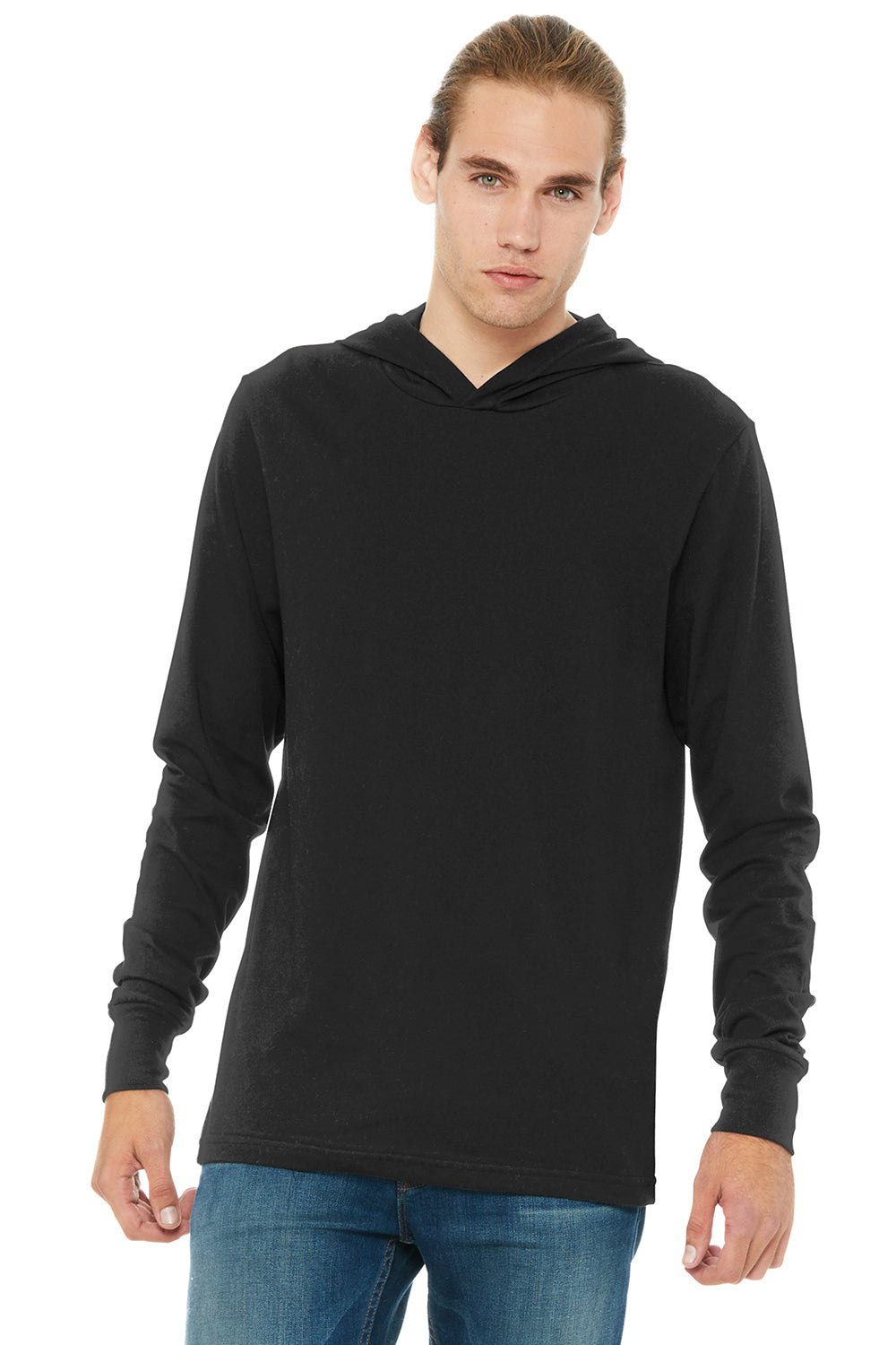 Bella + Canvas BC3512/3512 Mens Jersey Long Sleeve Hooded T-Shirt Hoodie Black Model Front