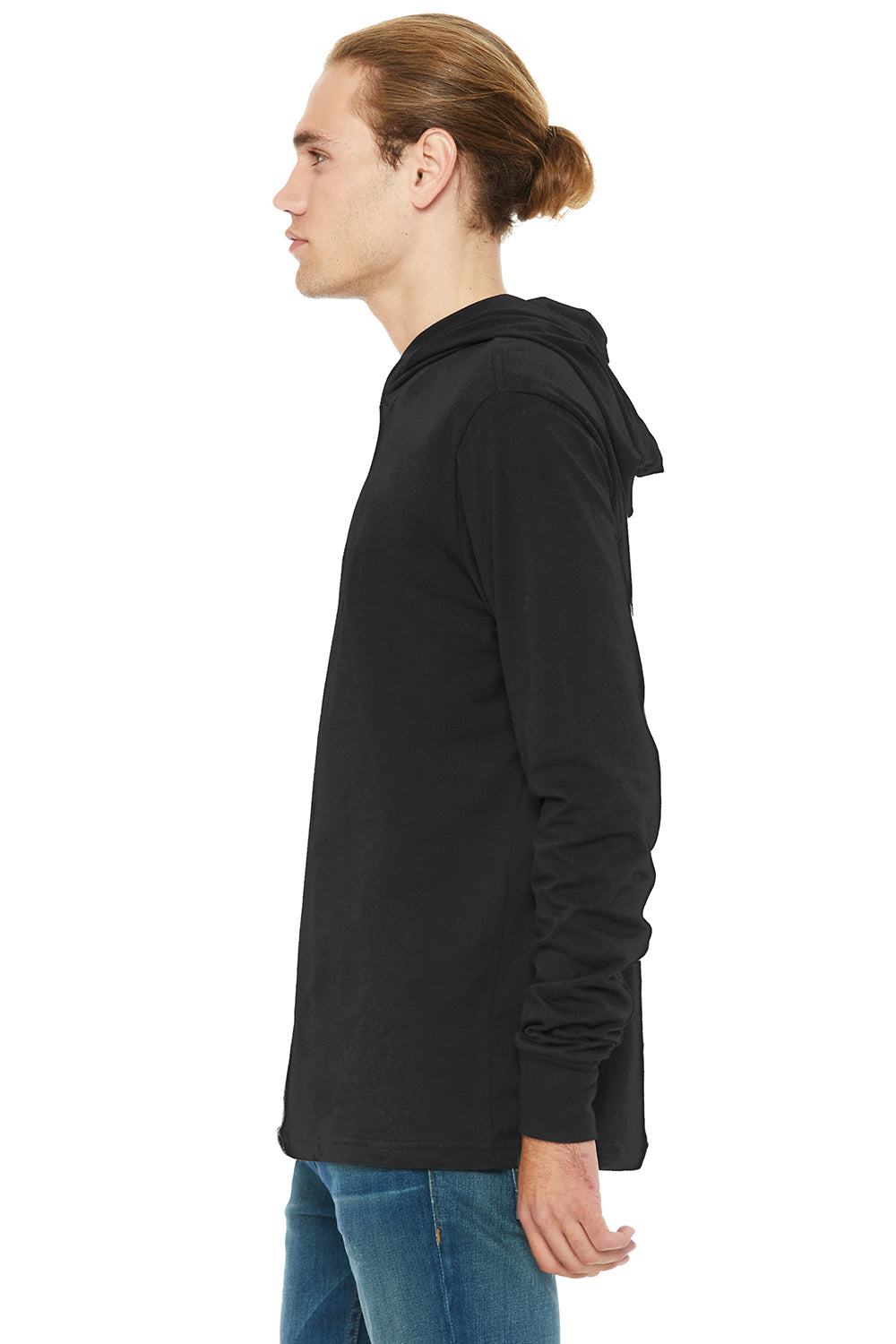Bella + Canvas BC3512/3512 Mens Jersey Long Sleeve Hooded T-Shirt Hoodie Black Model Side